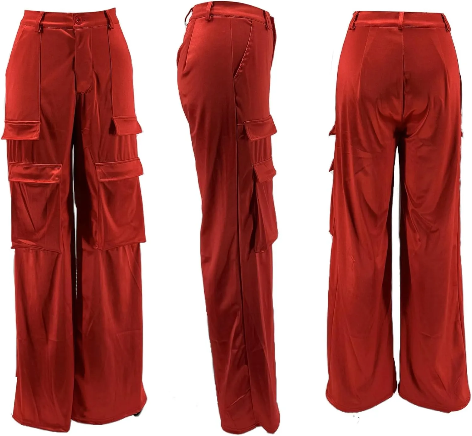 Women's Satin Cargo Wide Leg Pants High Waisted Relaxed Casual Multi Pocketed Straight Leg Trouser