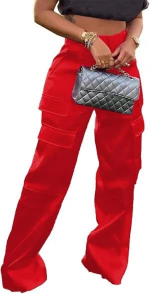 Women's Satin Cargo Wide Leg Pants High Waisted Relaxed Casual Multi Pocketed Straight Leg Trouser