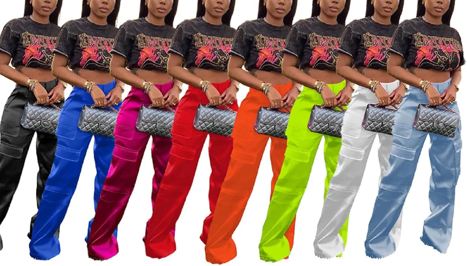 Women's Satin Cargo Wide Leg Pants High Waisted Relaxed Casual Multi Pocketed Straight Leg Trouser