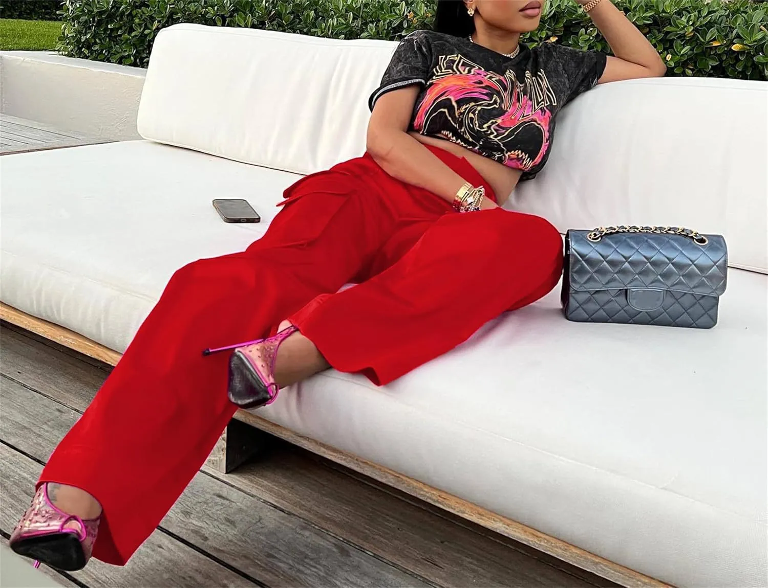 Women's Satin Cargo Wide Leg Pants High Waisted Relaxed Casual Multi Pocketed Straight Leg Trouser