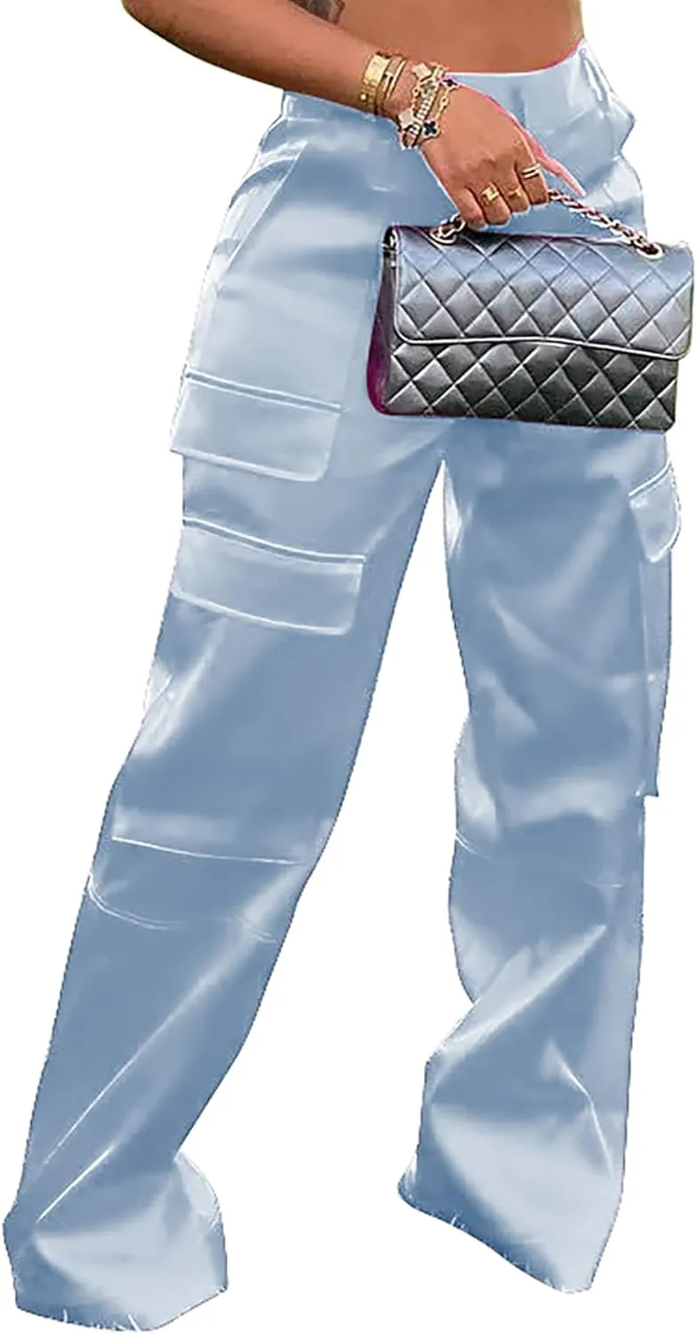 Women's Satin Cargo Wide Leg Pants High Waisted Relaxed Casual Multi Pocketed Straight Leg Trouser