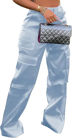 Women's Satin Cargo Wide Leg Pants Silky Dressy Relaxed Casual Pocketed Long Trouser