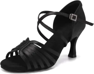 Women's Satin Latin Dance Shoes Professional Ballroom Salsa Performance Practice Dancing Shoes,Model EM-Suede Sole-3Heel