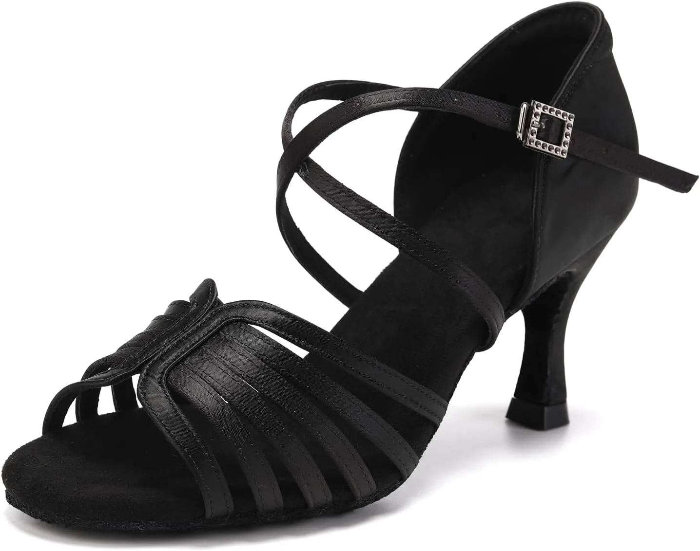 Women's Satin Latin Dance Shoes Professional Ballroom Salsa Performance Practice Dancing Shoes,Model EM-Suede Sole-3Heel