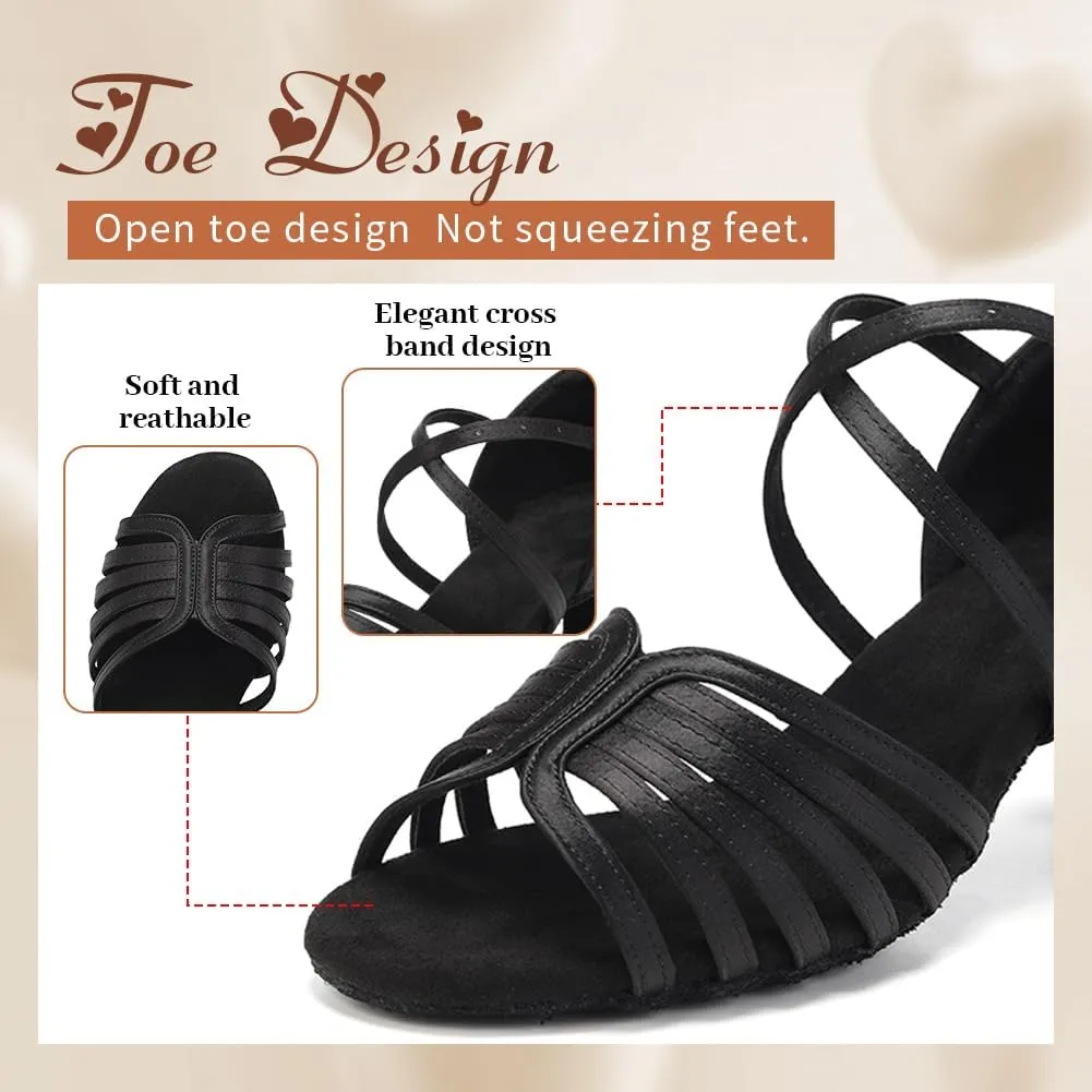 Women's Satin Latin Dance Shoes Professional Ballroom Salsa Performance Practice Dancing Shoes,Model EM-Suede Sole-3Heel