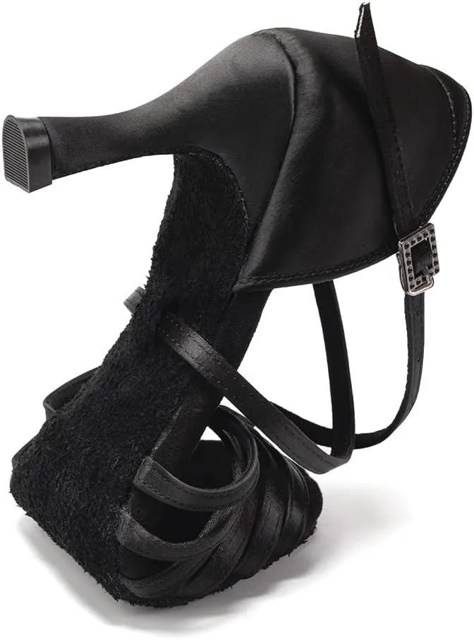 Women's Satin Latin Dance Shoes Professional Ballroom Salsa Performance Practice Dancing Shoes,Model EM-Suede Sole-3Heel