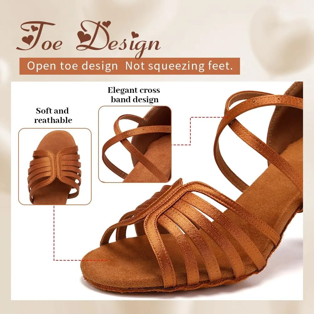 Women's Satin Latin Dance Shoes Professional Ballroom Salsa Performance Practice Dancing Shoes,Model EM-Suede Sole-3Heel