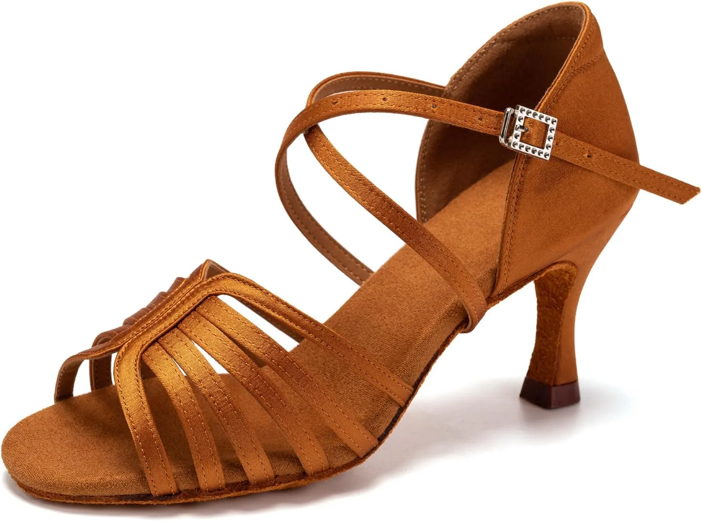 Women's Satin Latin Dance Shoes Professional Ballroom Salsa Performance Practice Dancing Shoes,Model EM-Suede Sole-3Heel