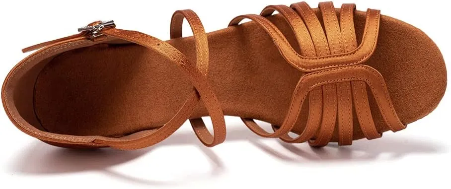Women's Satin Latin Dance Shoes Professional Ballroom Salsa Performance Practice Dancing Shoes,Model EM-Suede Sole-3Heel