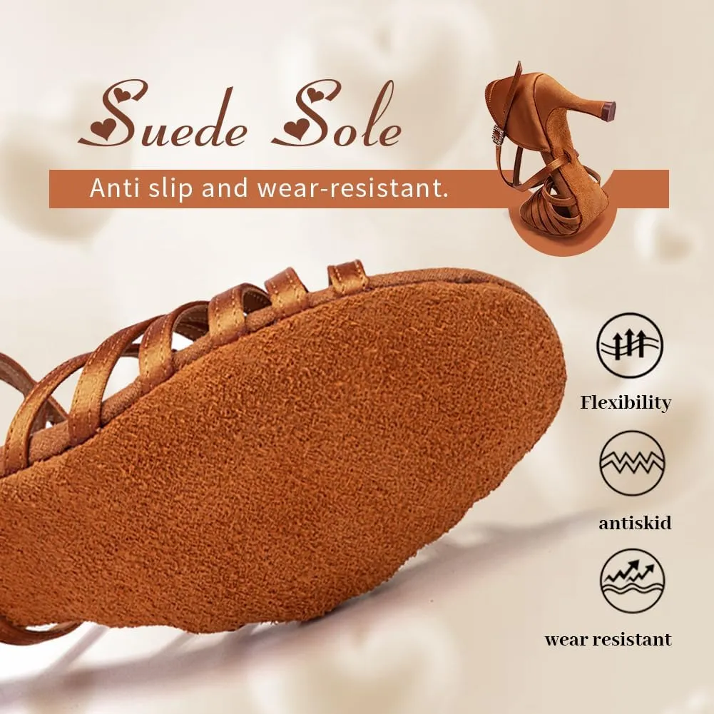Women's Satin Latin Dance Shoes Professional Ballroom Salsa Performance Practice Dancing Shoes,Model EM-Suede Sole-3Heel
