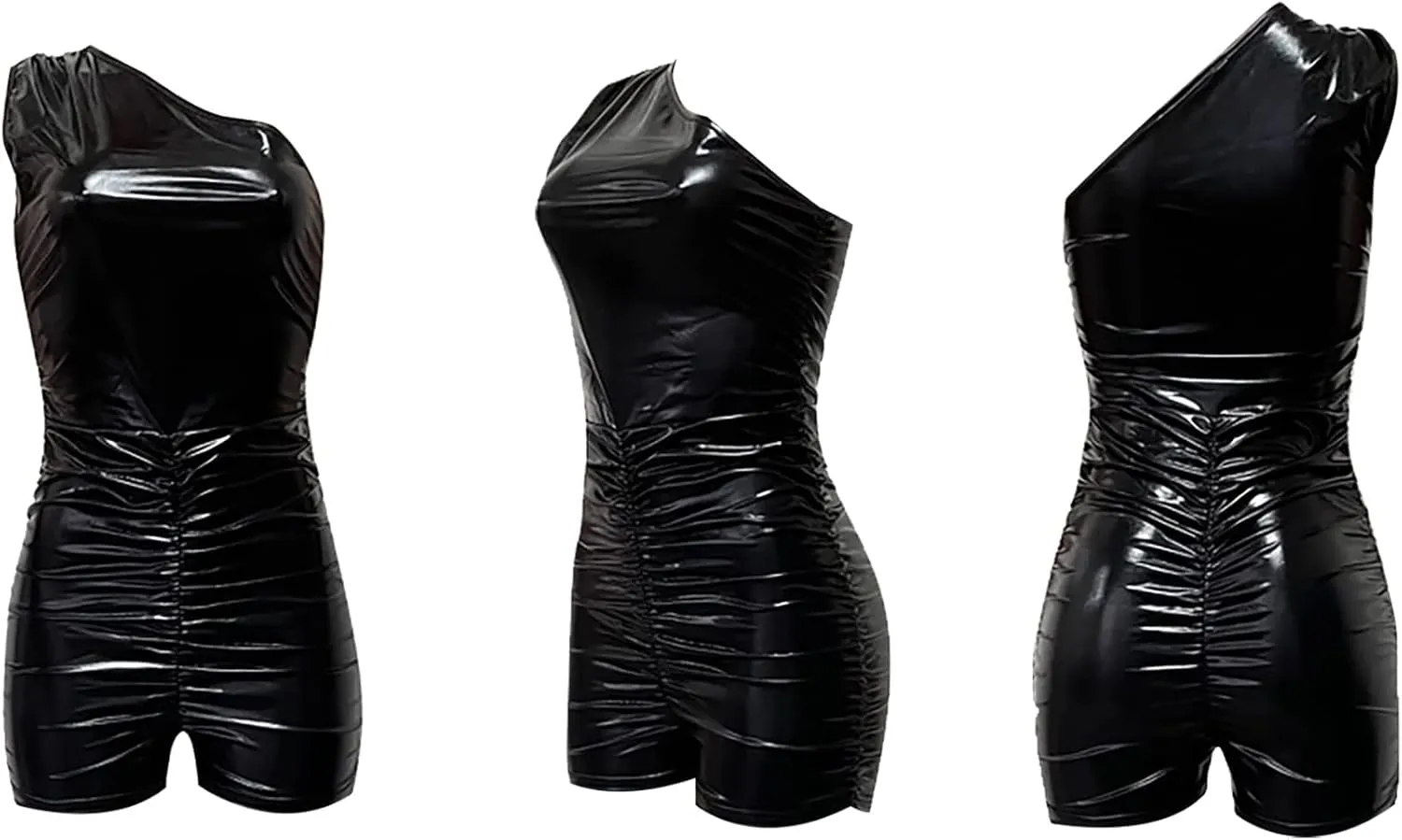 Women's Sexy Metallic Shiny One Shoulder Sleeveless Ruched Bodycon Shorts One Piece Jumpsuit Rompers