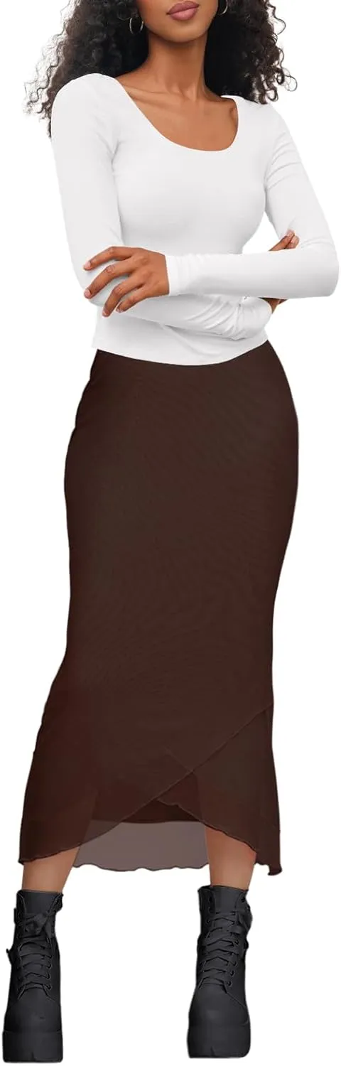Women's Sheer Mesh Midi Skirt High Waisted Wrap Layered Bodycon Tiered Maxi Long Pencil Skirts with Slit