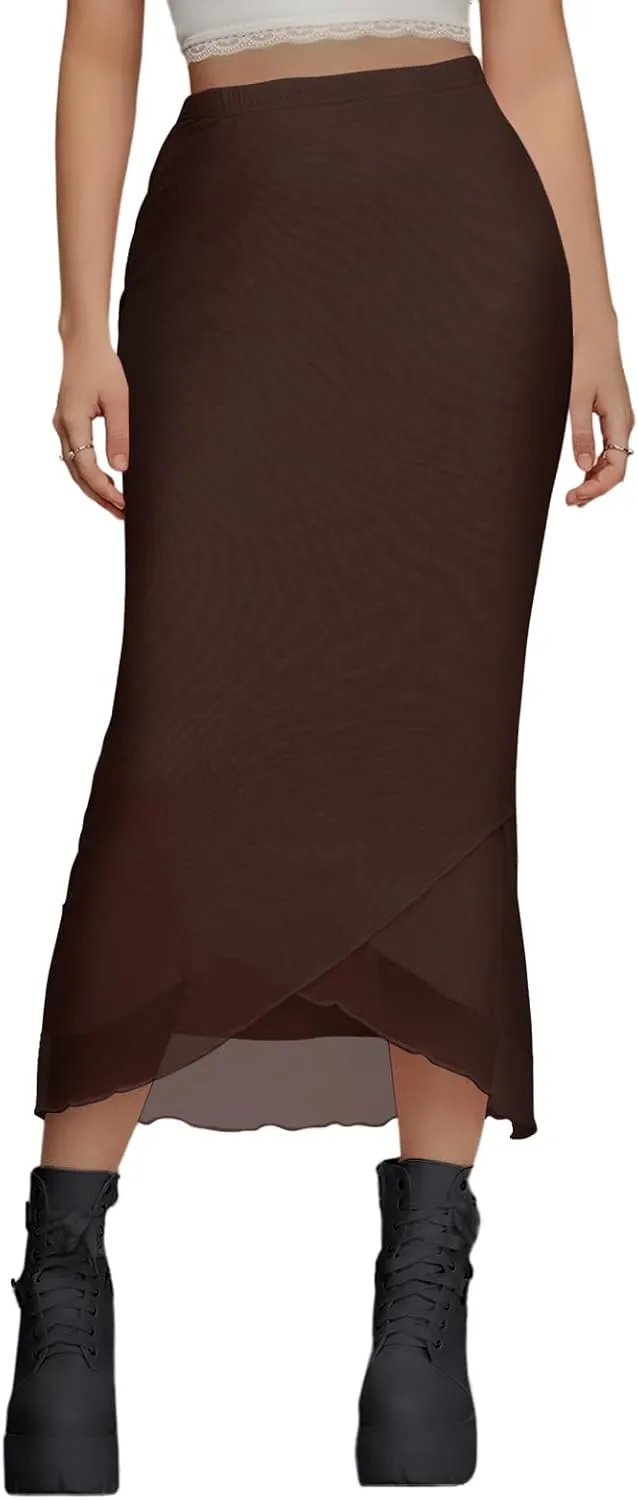 Women's Sheer Mesh Midi Skirt High Waisted Wrap Layered Bodycon Tiered Maxi Long Pencil Skirts with Slit