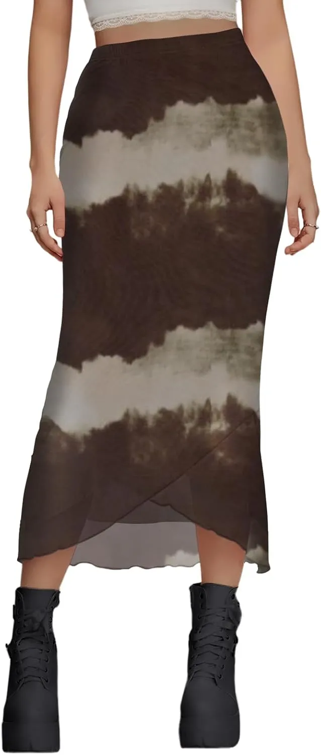 Women's Sheer Mesh Midi Skirt High Waisted Wrap Layered Bodycon Tiered Maxi Long Pencil Skirts with Slit