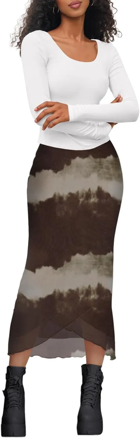 Women's Sheer Mesh Midi Skirt High Waisted Wrap Layered Bodycon Tiered Maxi Long Pencil Skirts with Slit