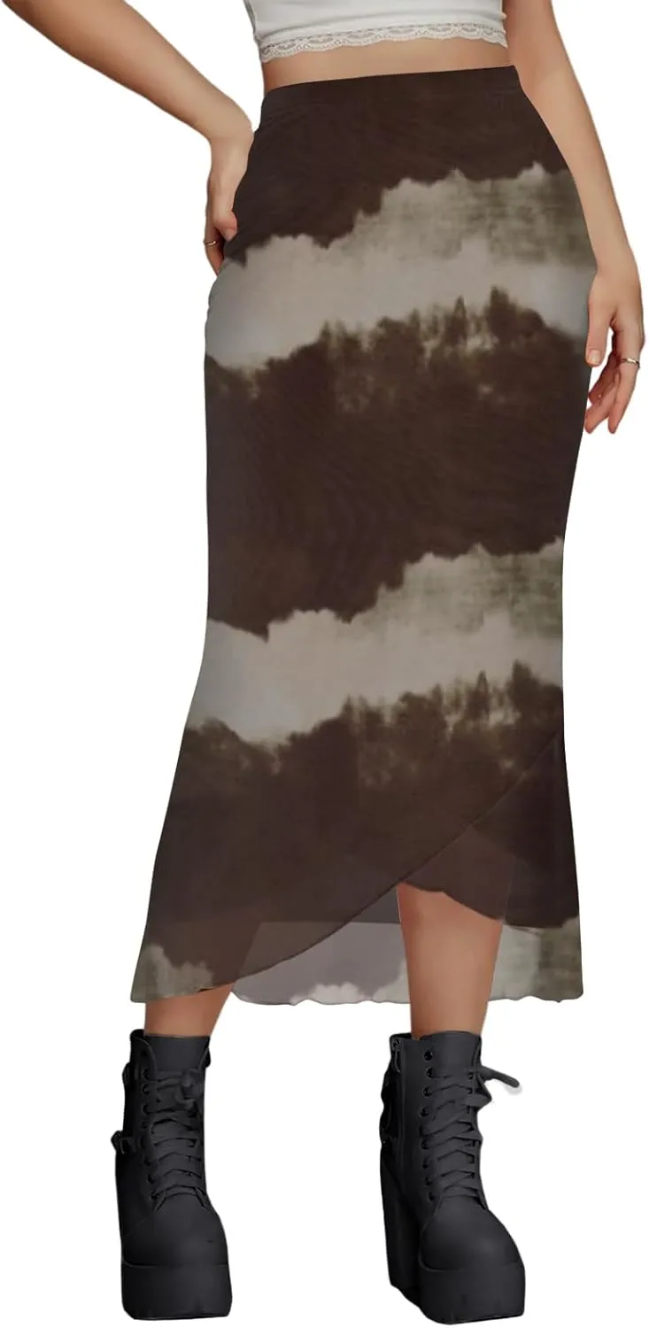 Women's Sheer Mesh Midi Skirt High Waisted Wrap Layered Bodycon Tiered Maxi Long Pencil Skirts with Slit
