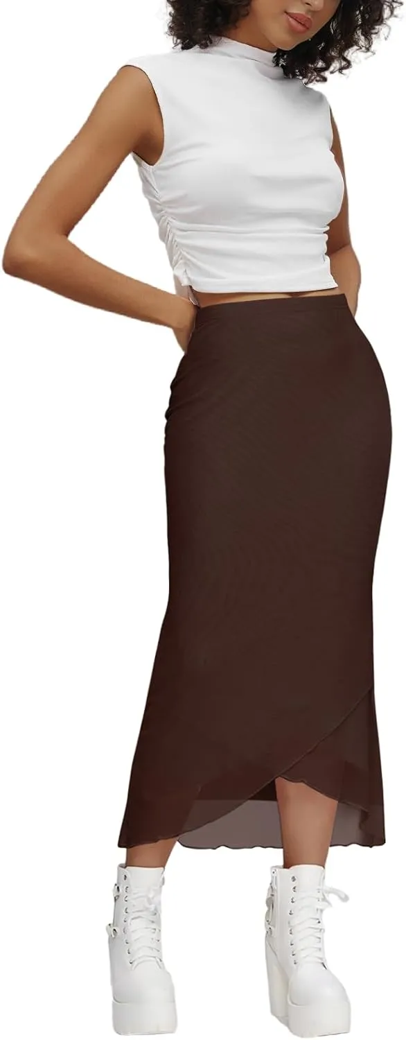 Women's Sheer Mesh Midi Skirt High Waisted Wrap Layered Bodycon Tiered Maxi Long Pencil Skirts with Slit