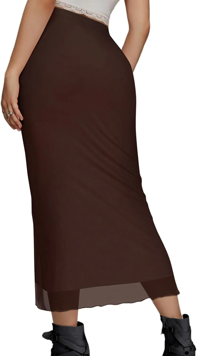 Women's Sheer Mesh Midi Skirt High Waisted Wrap Layered Bodycon Tiered Maxi Long Pencil Skirts with Slit