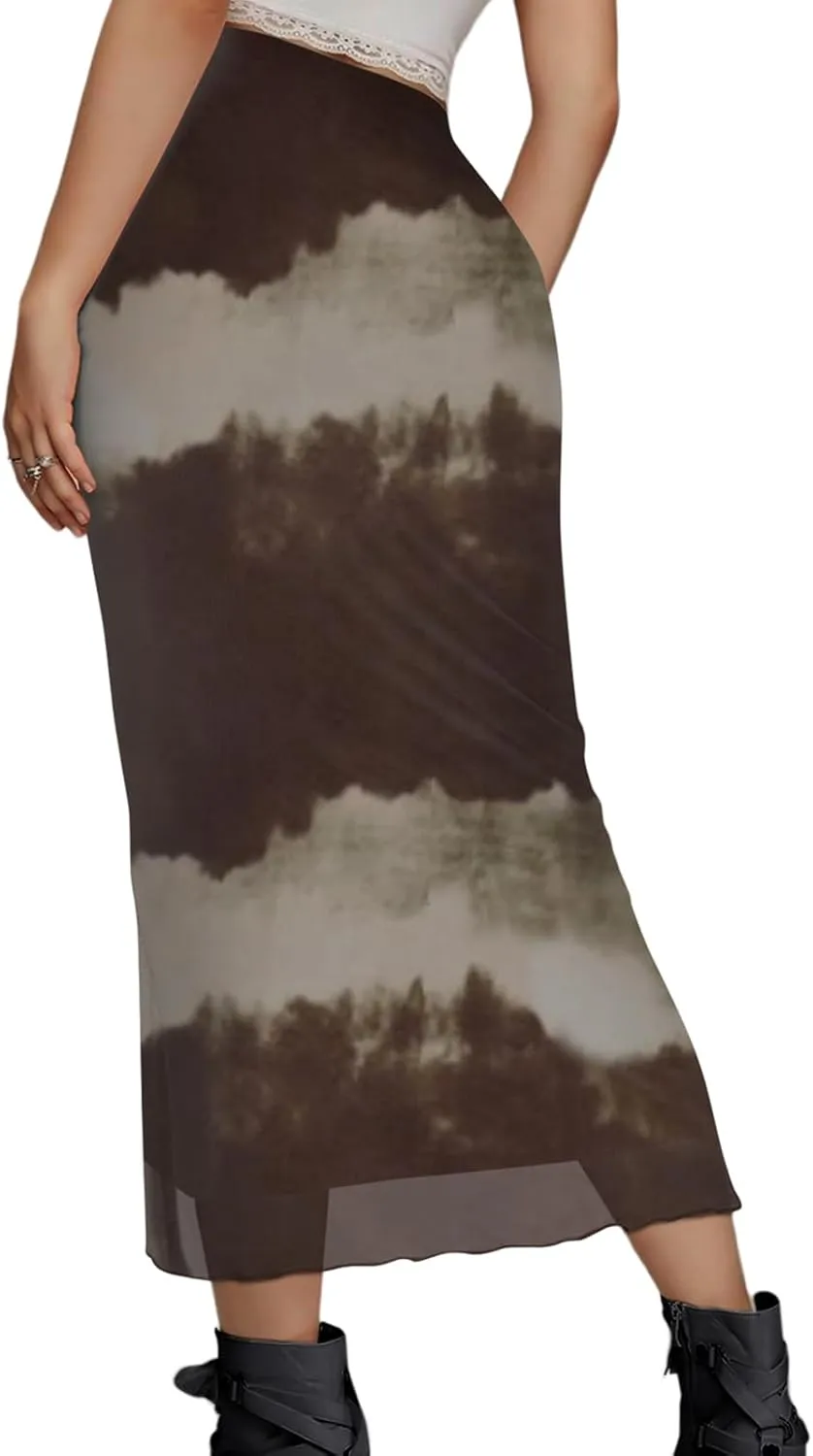 Women's Sheer Mesh Midi Skirt High Waisted Wrap Layered Bodycon Tiered Maxi Long Pencil Skirts with Slit