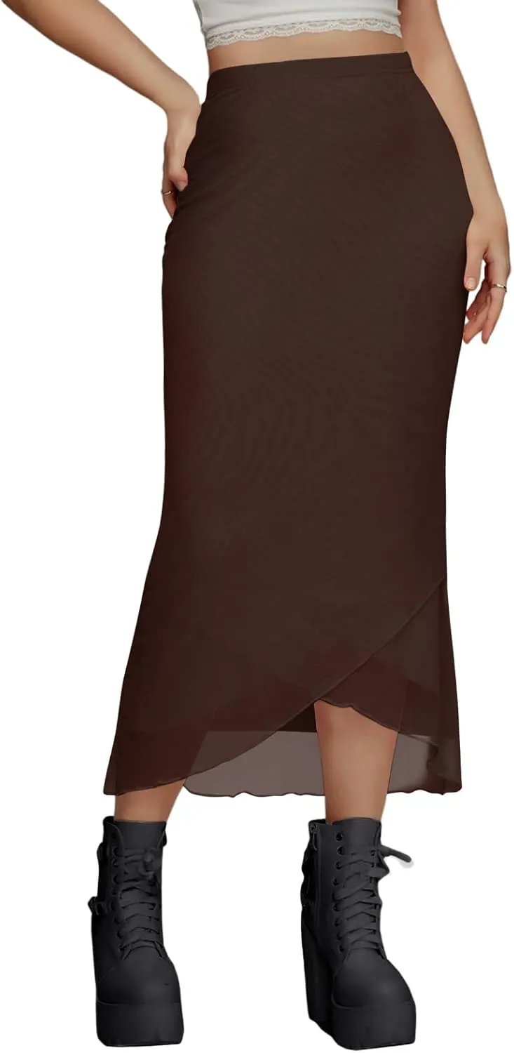 Women's Sheer Mesh Midi Skirt High Waisted Wrap Layered Bodycon Tiered Maxi Long Pencil Skirts with Slit