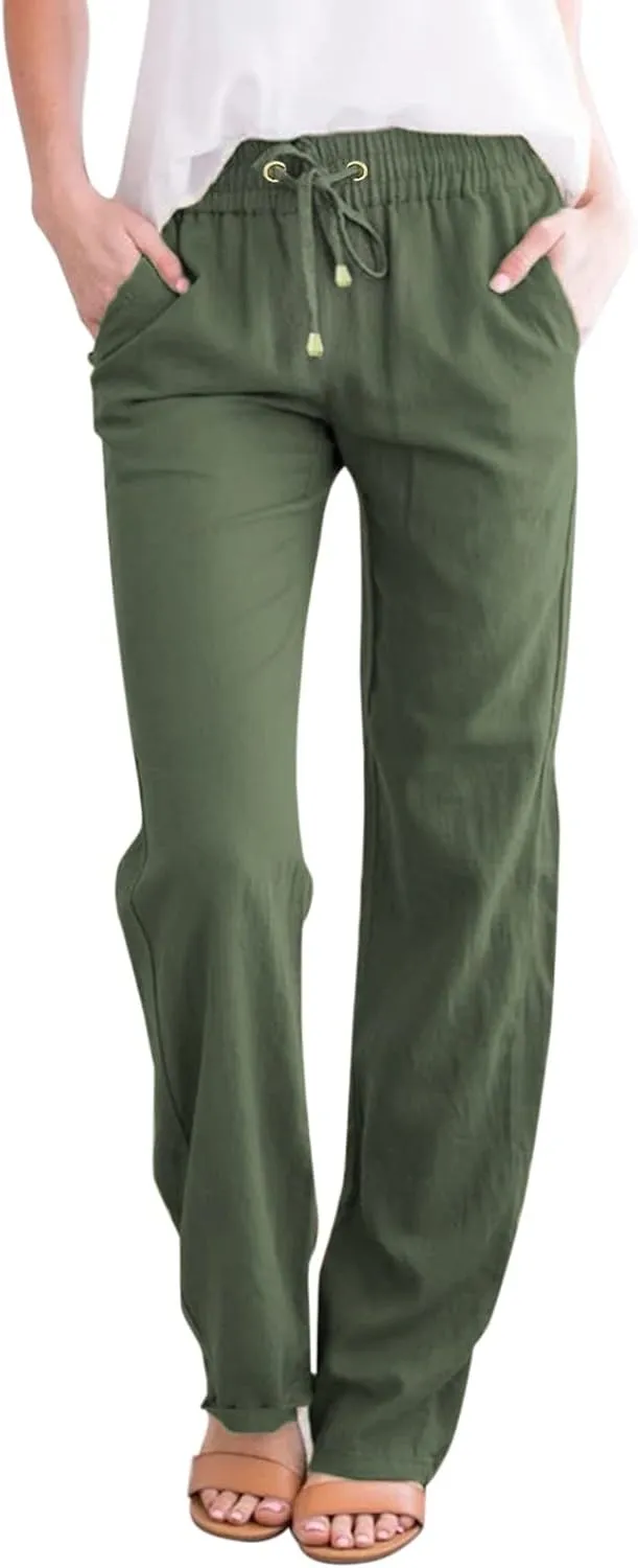 Women's Solid Cotton and Linen Drawstring Loose Casual Leggings Warm Pants for Women