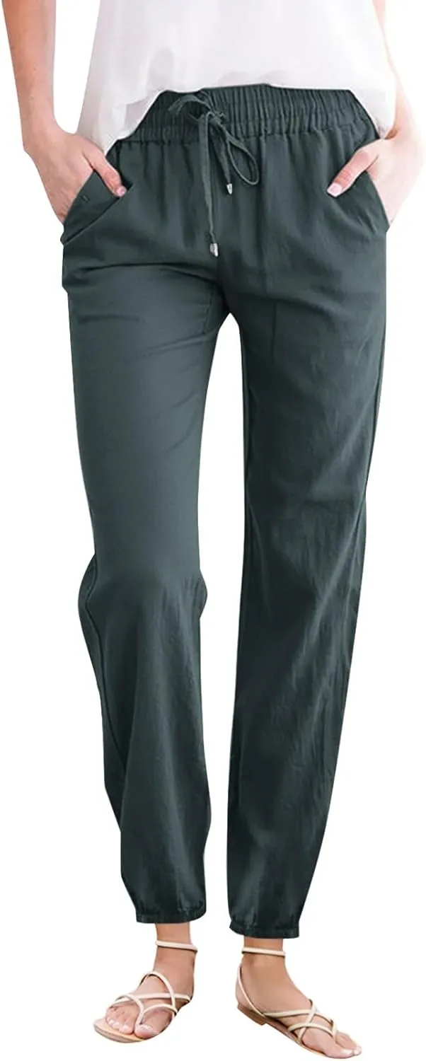 Women's Solid Cotton and Linen Drawstring Loose Casual Leggings Warm Pants for Women