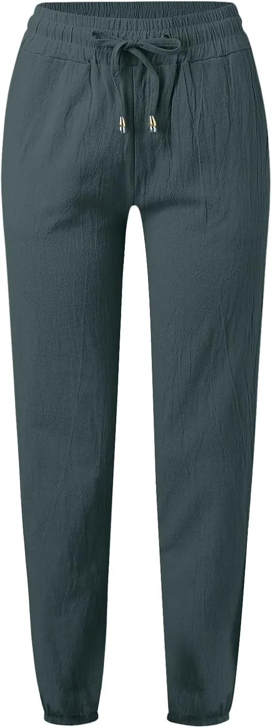 Women's Solid Cotton and Linen Drawstring Loose Casual Leggings Warm Pants for Women