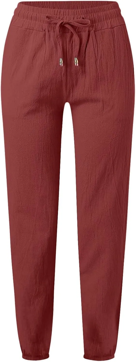 Women's Solid Cotton and Linen Drawstring Loose Casual Leggings Warm Pants for Women