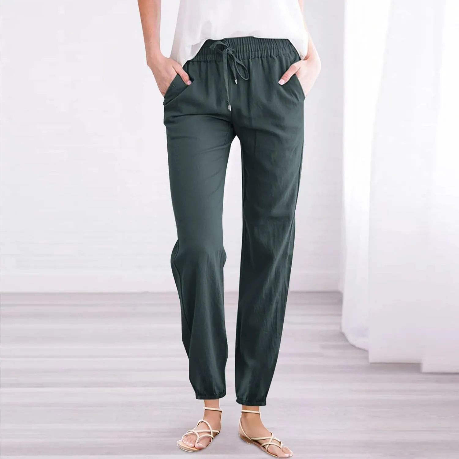 Women's Solid Cotton and Linen Drawstring Loose Casual Leggings Warm Pants for Women
