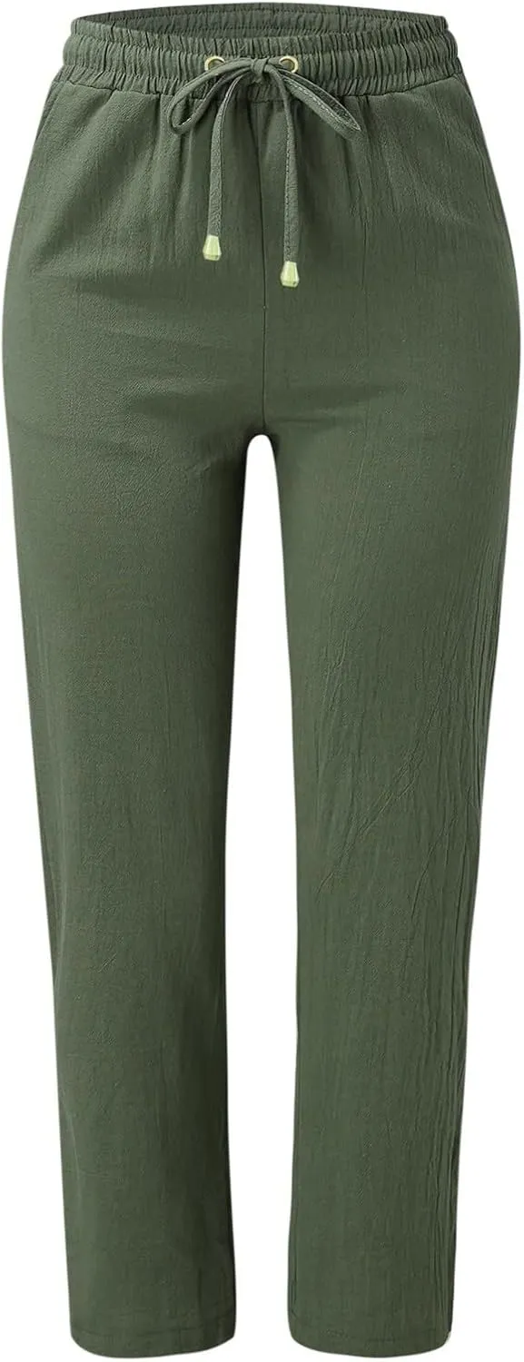 Women's Solid Cotton and Linen Drawstring Loose Casual Leggings Warm Pants for Women