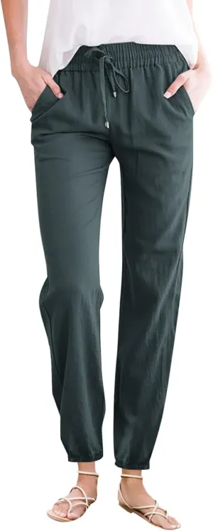 Women's Solid Cotton and Linen Drawstring Loose Casual Leggings Warm Pants for Women