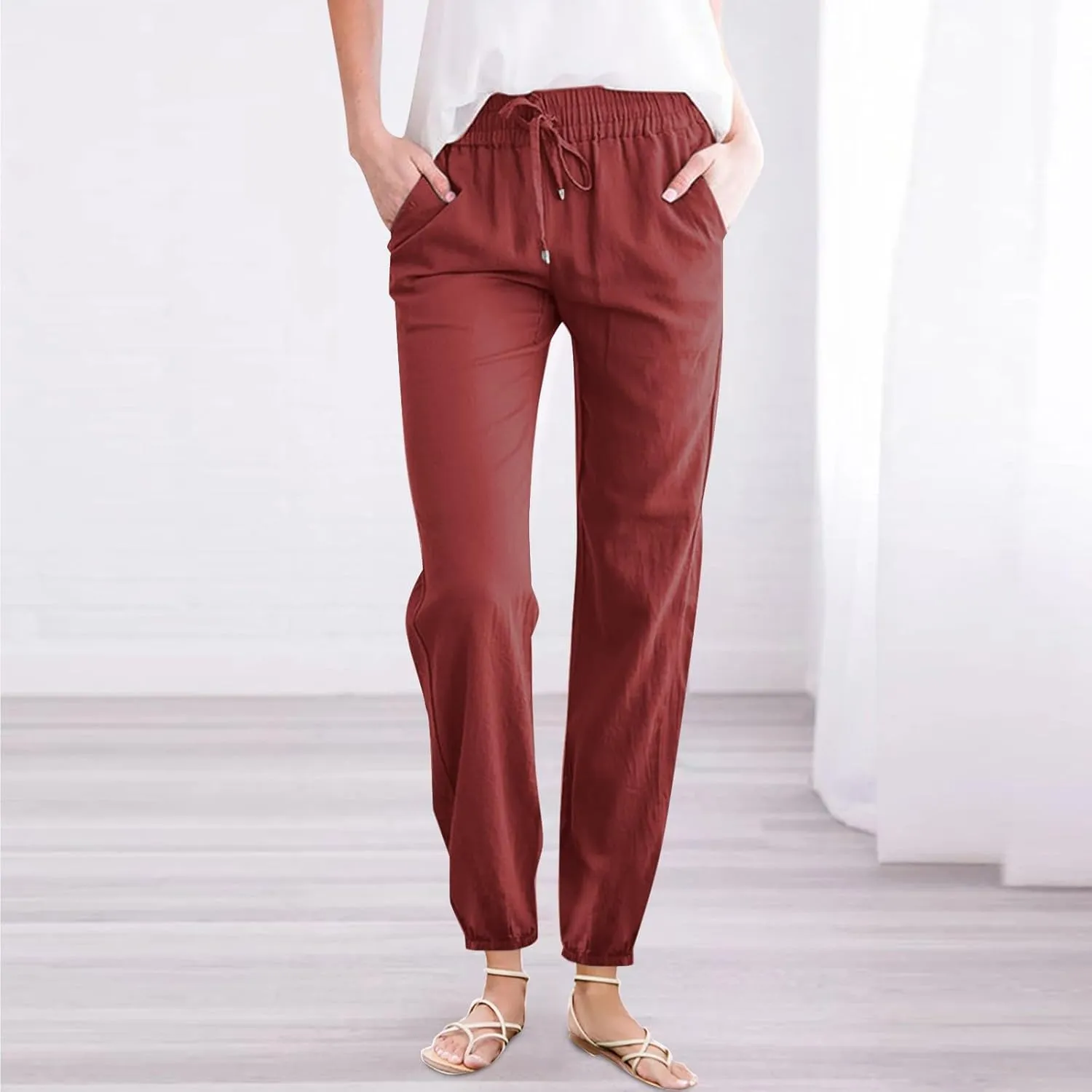 Women's Solid Cotton and Linen Drawstring Loose Casual Leggings Warm Pants for Women