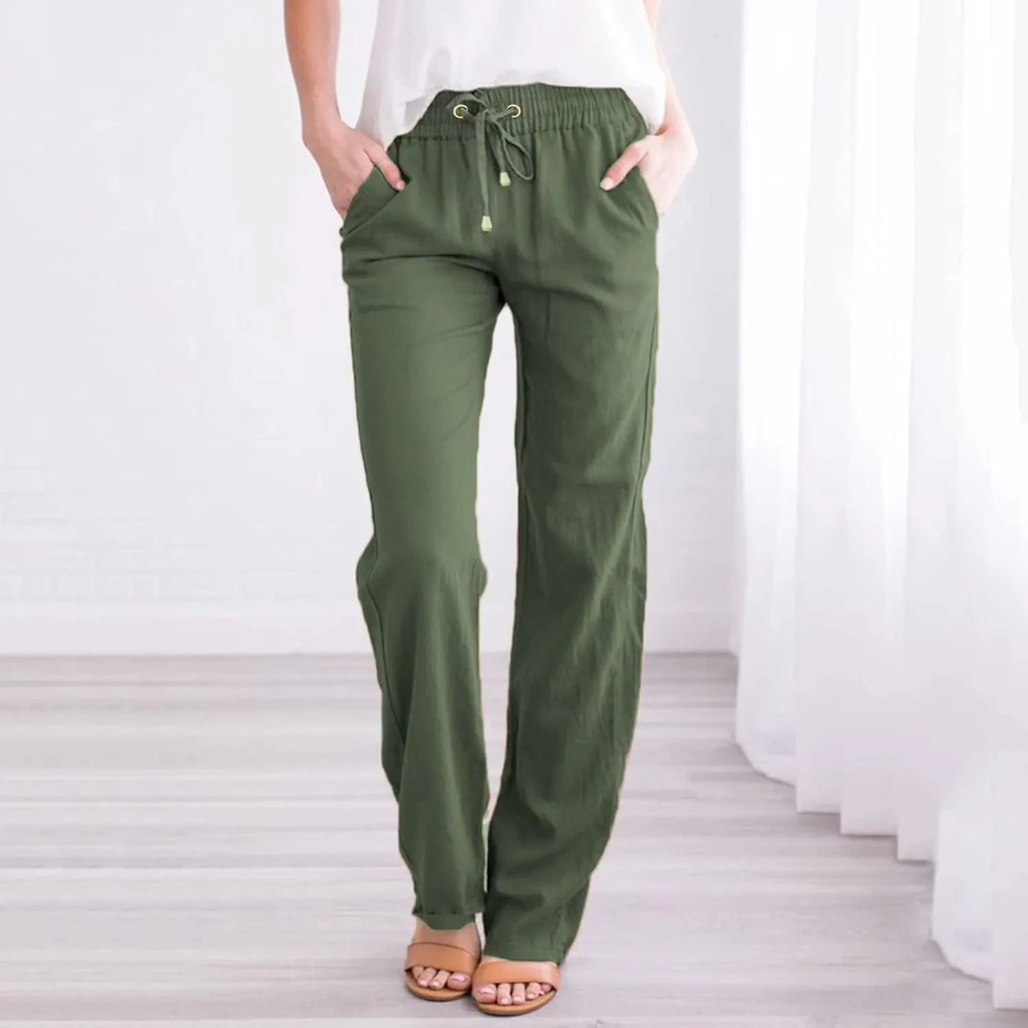 Women's Solid Cotton and Linen Drawstring Loose Casual Leggings Warm Pants for Women