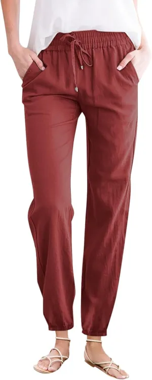 Women's Solid Cotton and Linen Drawstring Loose Casual Leggings Warm Pants for Women