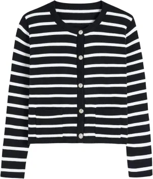 Women's Striped Cardigan Sweaters Trendy Long Sleeve Crew Neck Button Open Front Loose Lightweight Knit Crop Sweater