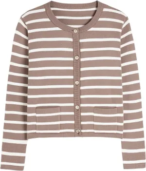 Women's Striped Cardigan Sweaters Trendy Long Sleeve Crew Neck Button Open Front Loose Lightweight Knit Crop Sweater