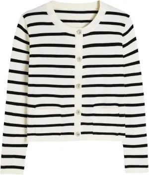 Women's Striped Cardigan Sweaters Trendy Long Sleeve Crew Neck Button Open Front Loose Lightweight Knit Crop Sweater
