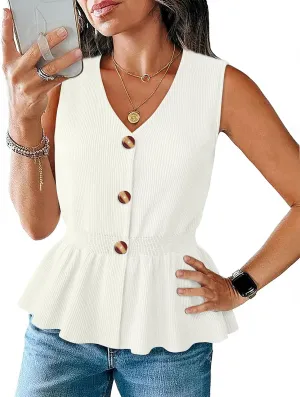 Womens Summer Casual Button Down Peplum Tops Sleeveless V Neck Knit Sweater Vest