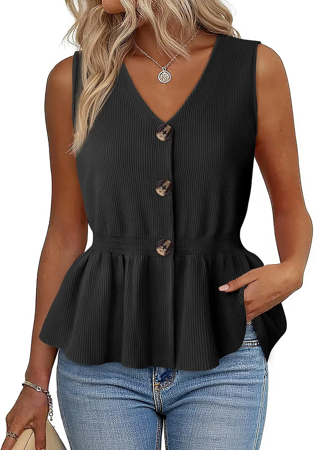 Womens Summer Casual Button Down Peplum Tops Sleeveless V Neck Knit Sweater Vest