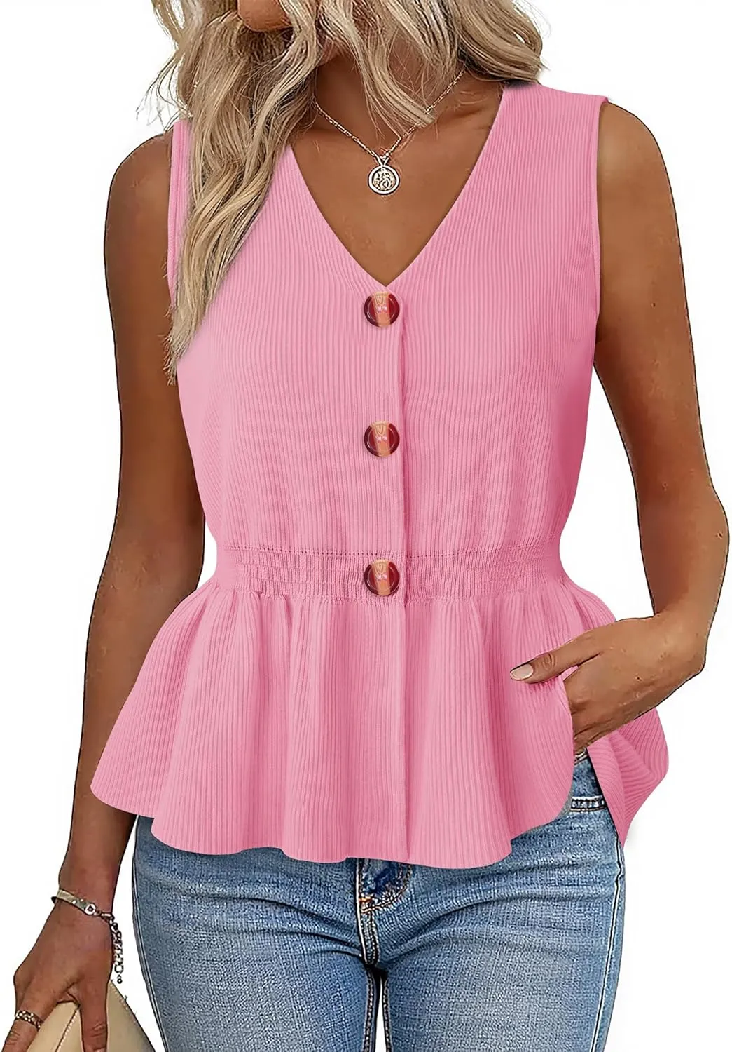 Womens Summer Casual Button Down Peplum Tops Sleeveless V Neck Knit Sweater Vest