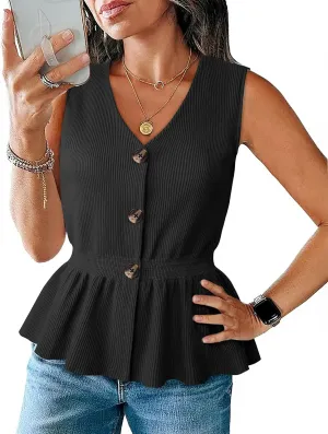 Womens Summer Casual Button Down Peplum Tops Sleeveless V Neck Knit Sweater Vest