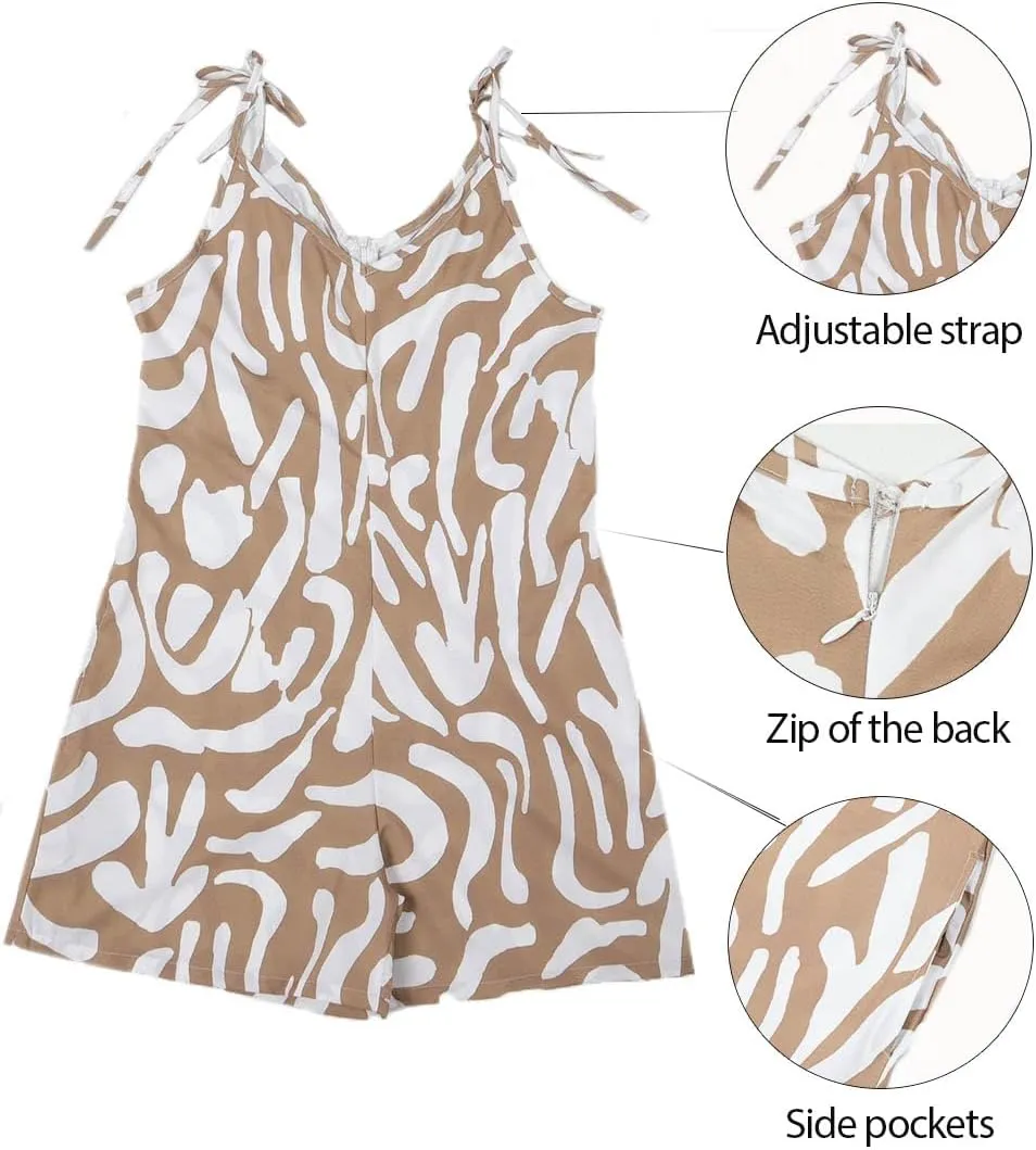 Womens Summer Casual Rompers Sleeveless Loose Spaghetti Short Jumpsuits Beach Vacation Romper With Pockets