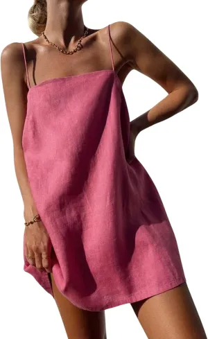Womens Summer Cotton Linen Spaghetti Strap Mini Dresses Backless Sleeveless Beach Vacation Short Sundress