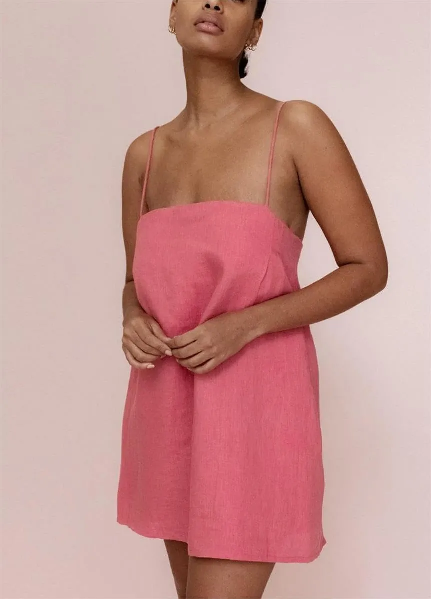 Womens Summer Cotton Linen Spaghetti Strap Mini Dresses Backless Sleeveless Beach Vacation Short Sundress
