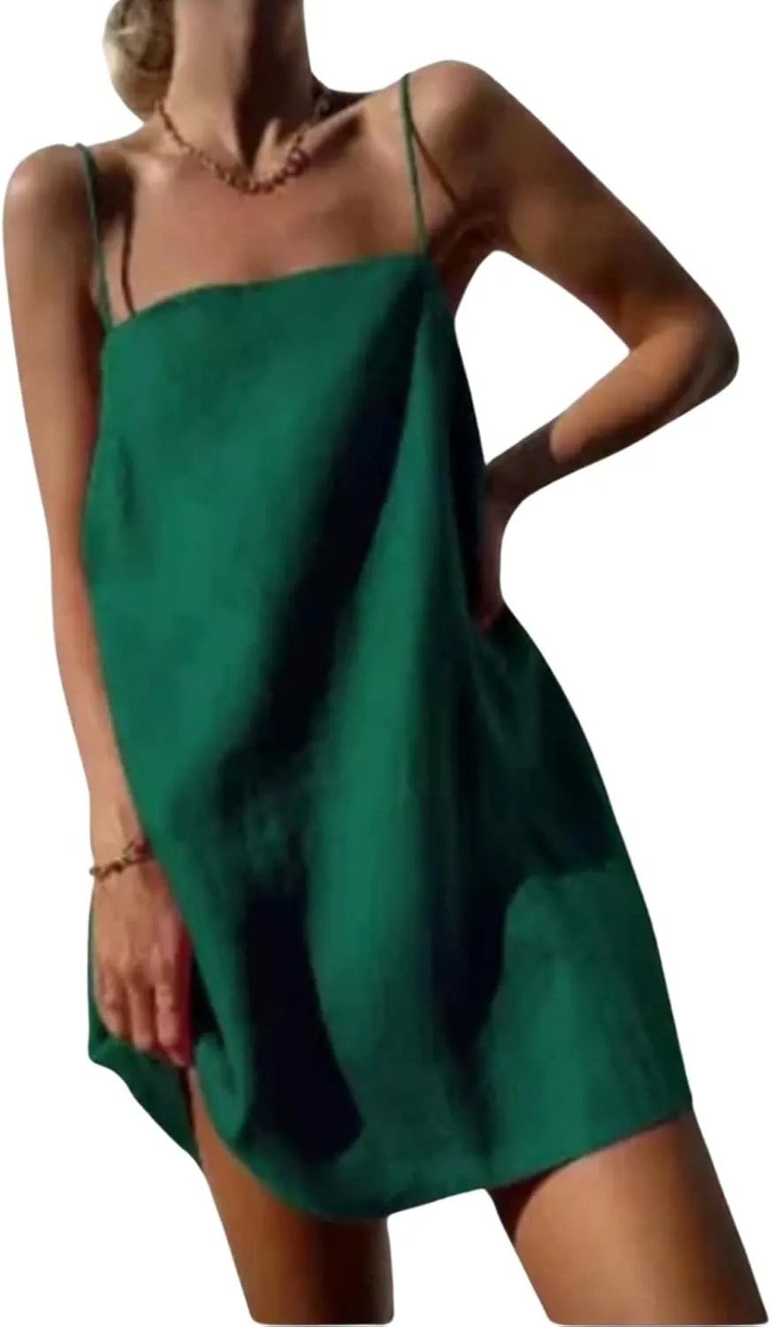Womens Summer Cotton Linen Spaghetti Strap Mini Dresses Backless Sleeveless Beach Vacation Short Sundress