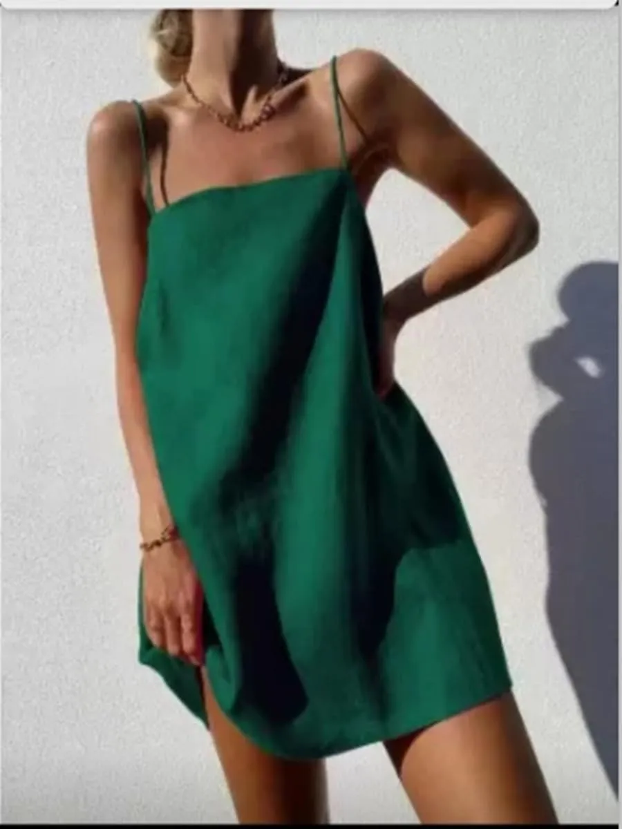 Womens Summer Cotton Linen Spaghetti Strap Mini Dresses Backless Sleeveless Beach Vacation Short Sundress