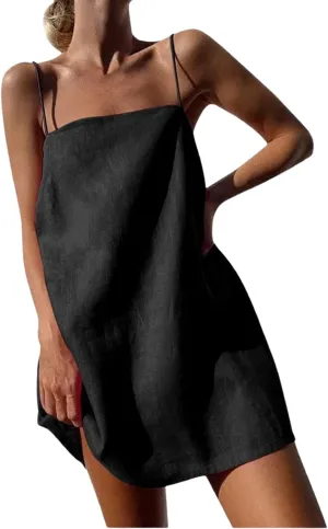 Womens Summer Cotton Linen Spaghetti Strap Mini Dresses Backless Sleeveless Beach Vacation Short Sundress
