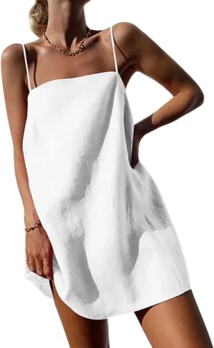 Womens Summer Cotton Linen Spaghetti Strap Mini Dresses Backless Sleeveless Beach Vacation Short Sundress
