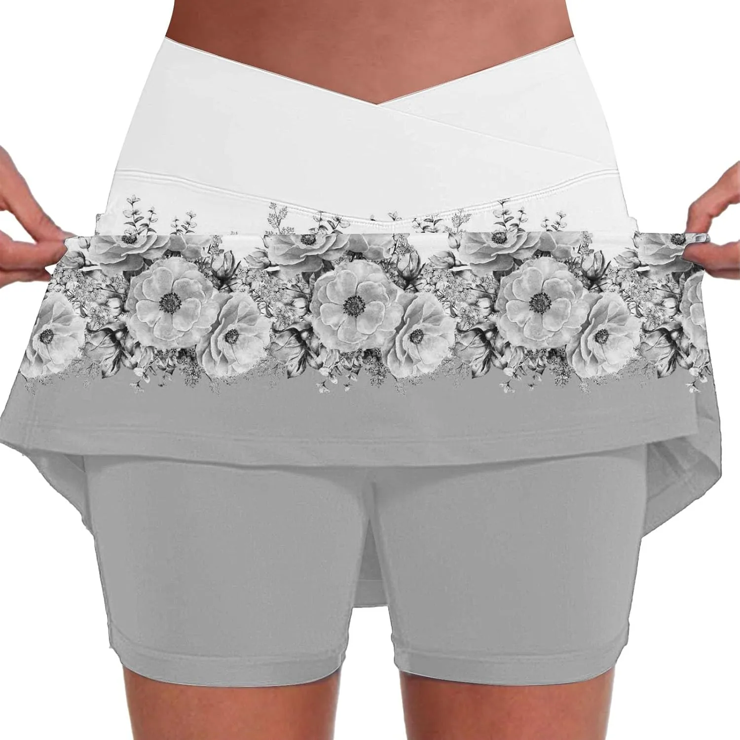 Womens Tennis Skirts High Waisted Tummy Control Yoga Skirts Inner Shorts Athletic Golf Sports Running Skort Grey