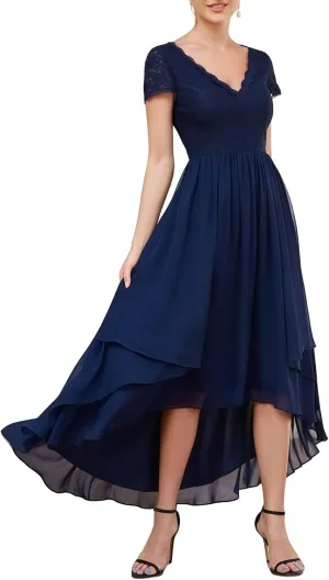 Women's V Neck Lace Chiffon Hi-Low Flowy Party Dress Cap Sleeve A-Line Asymmetrical Cocktail Wedding Guest Dress